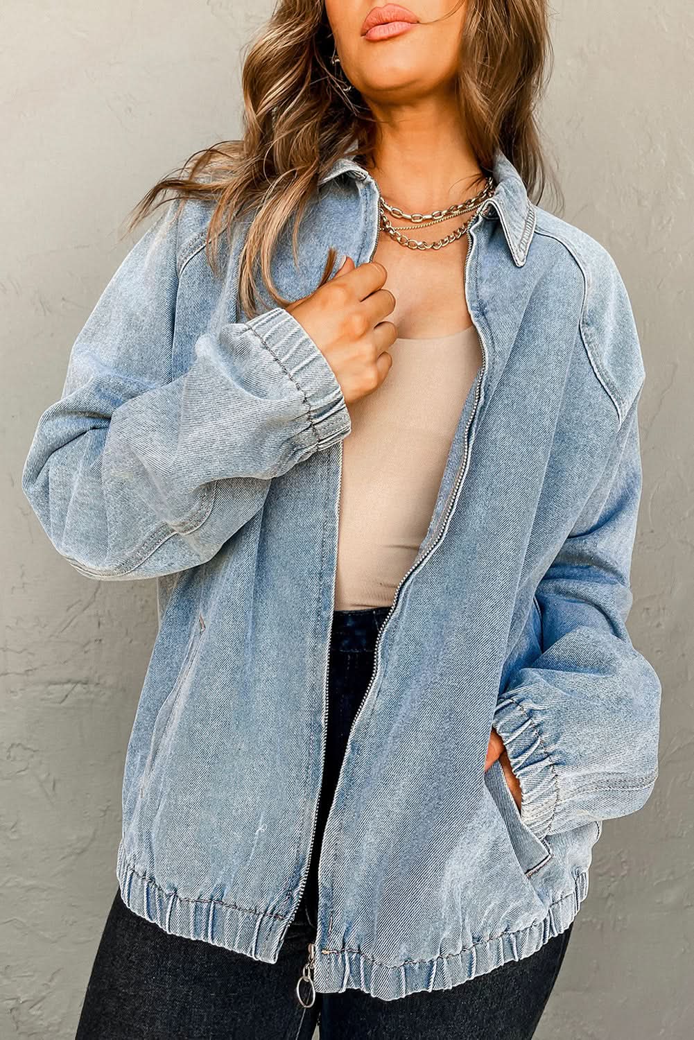 Myosotis Denim Jacket Zip Up With Elastic Hem Raglan Sleeves