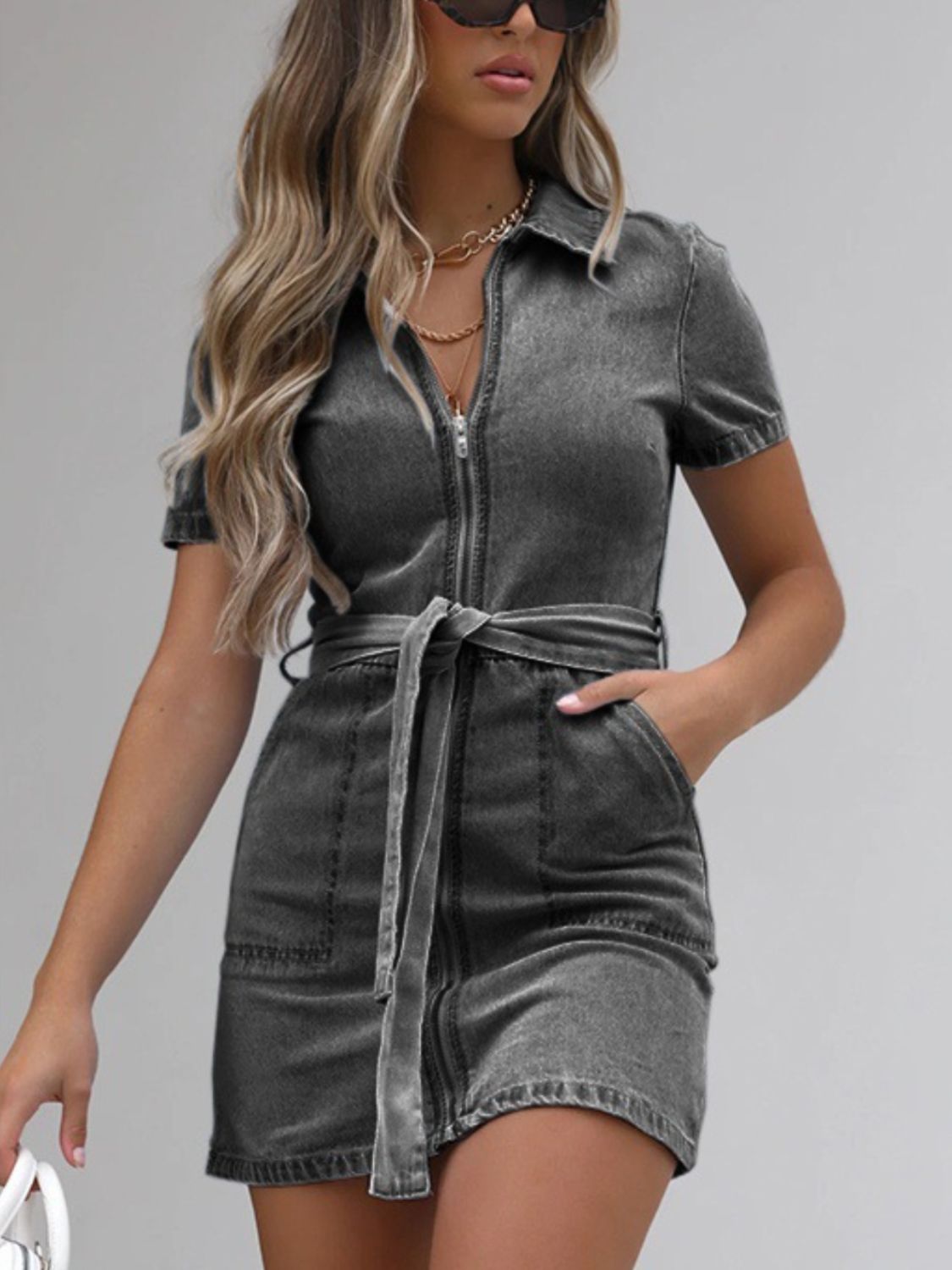PREORDER: Fia Full Size Zip Front Short Sleeve Denim Dress Plus Size
