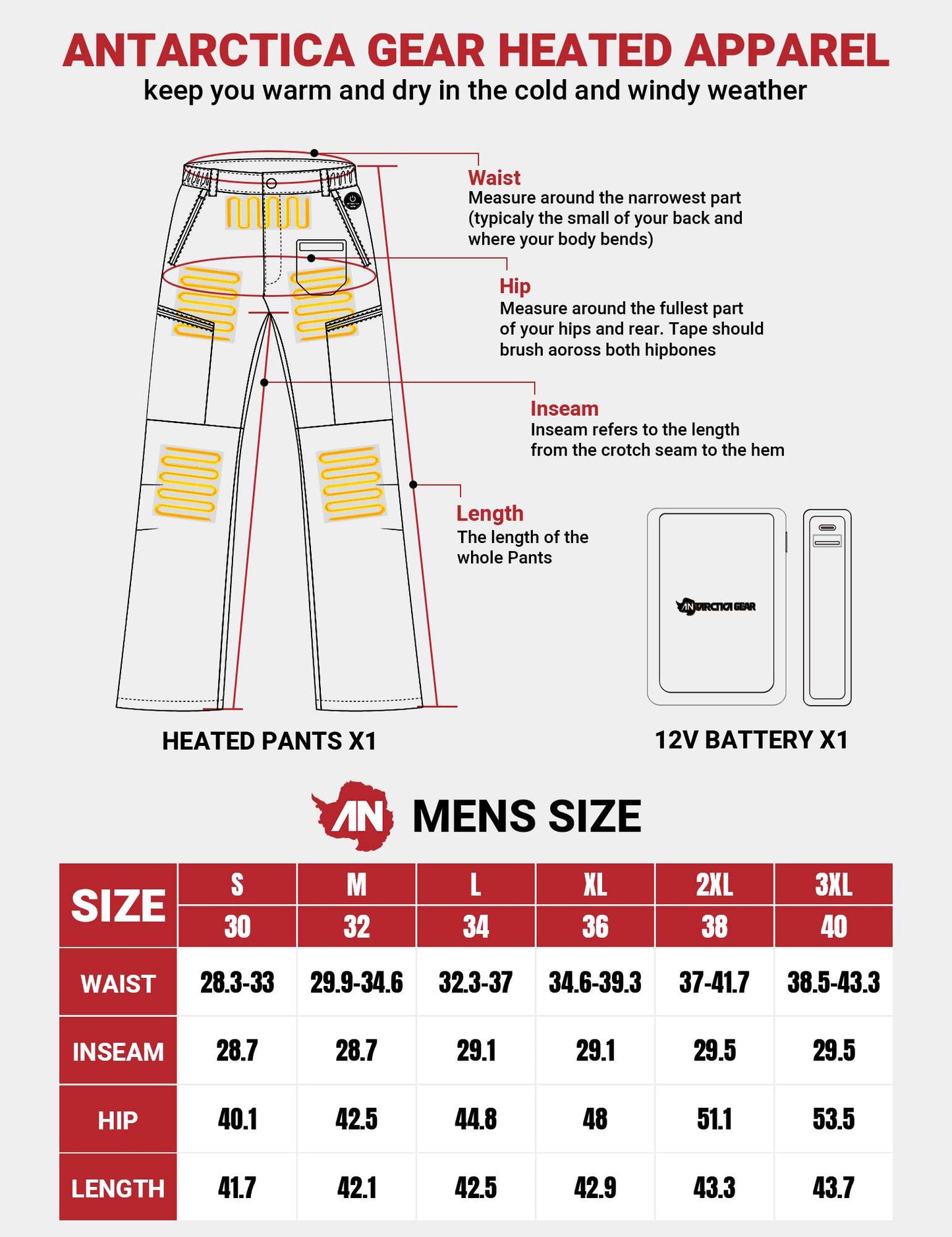ANTARCTICA GEAR Heated Pants for Men, with 12V/20000mAh Battery