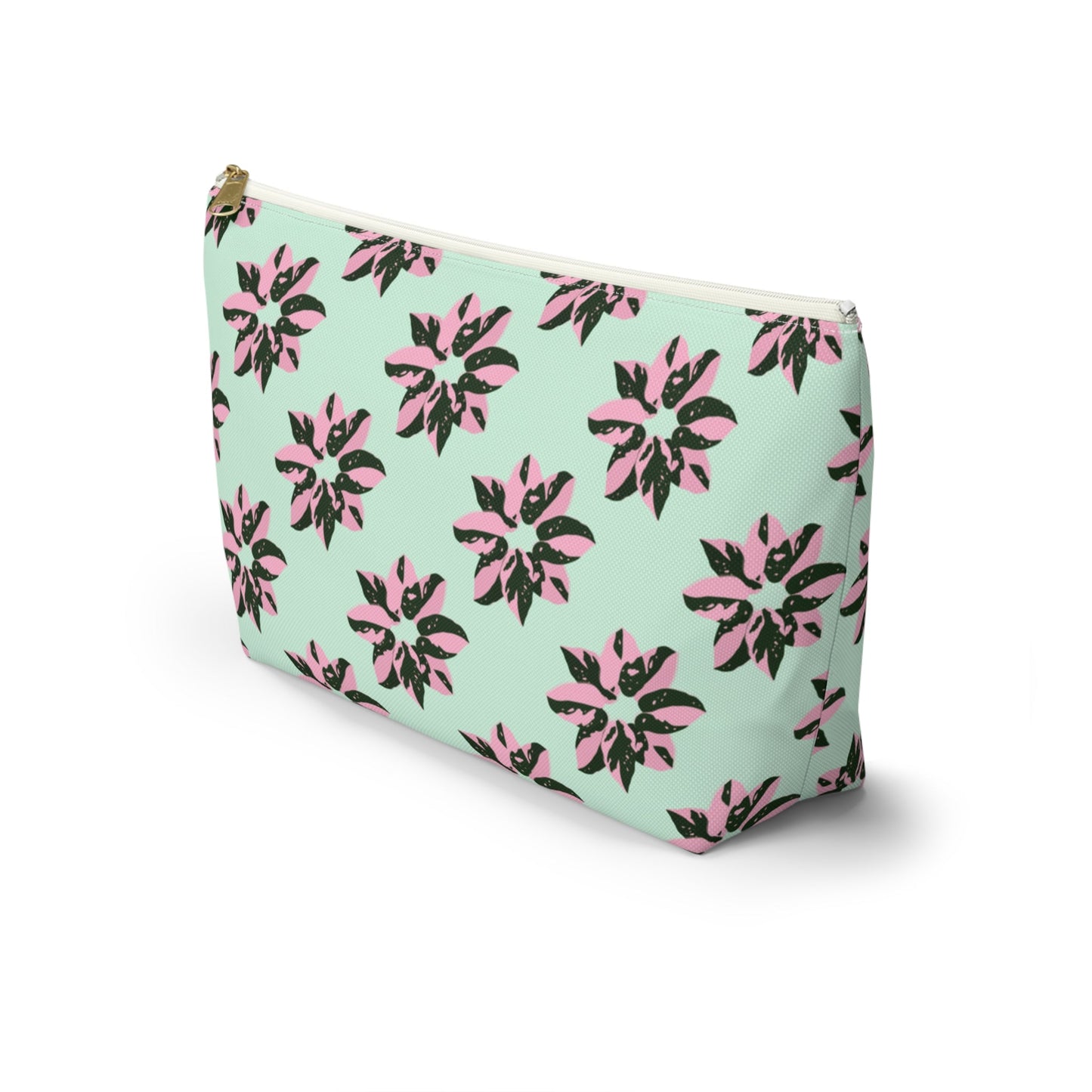 Pink Princess Philodendron Pattern Accessory Pouch – Zippered Catch-All With T-Bottom