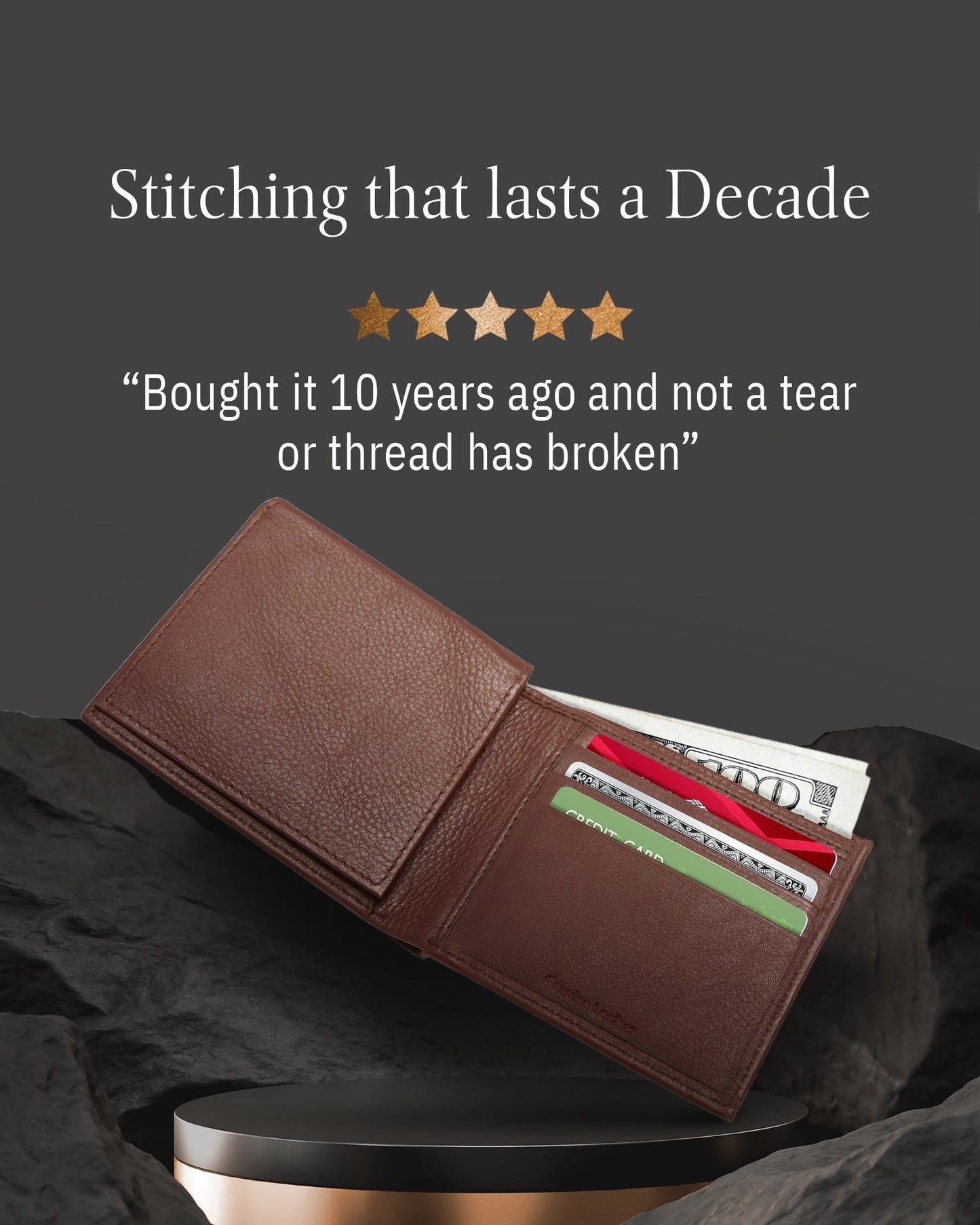 Genuine Leather Bifold Wallet – Flip-Up ID Window, RFID Blocking