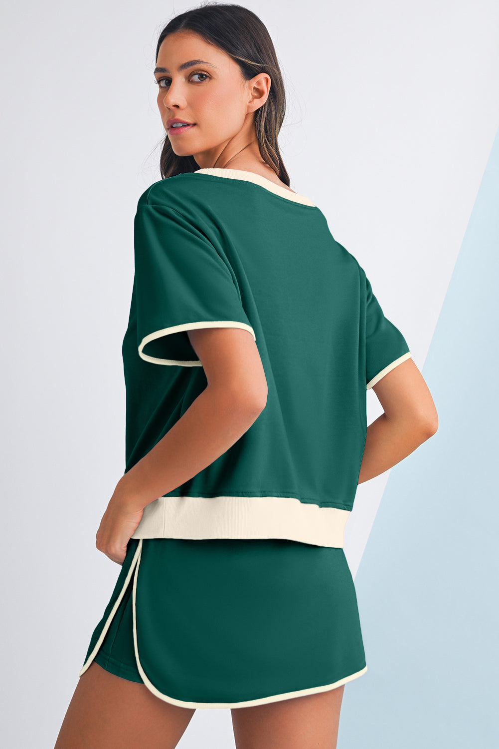 Luxury Colorblock Edge Drop Shoulder T Shirt and Skort Set