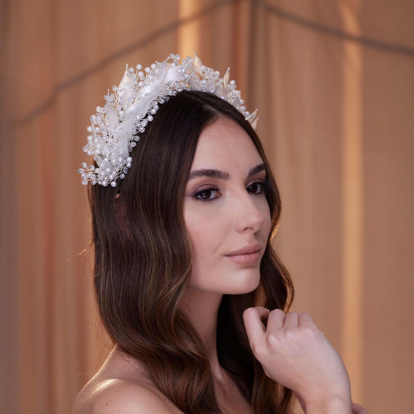 Crystal Pearl Hair Band with Resin Leaves