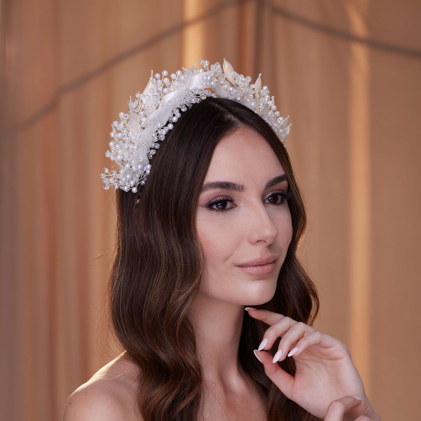 Crystal Pearl Hair Band with Resin Leaves