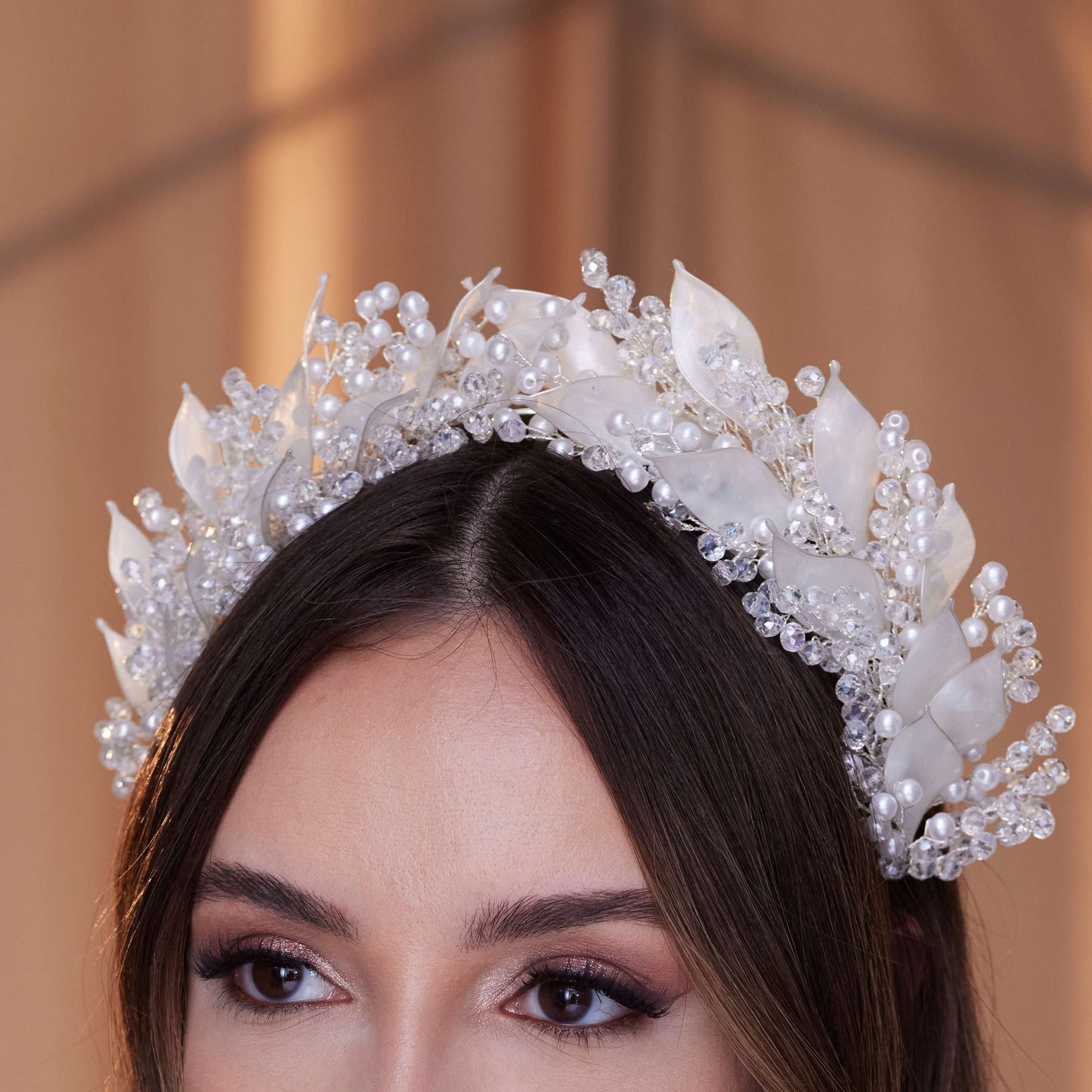 Crystal Pearl Hair Band with Resin Leaves