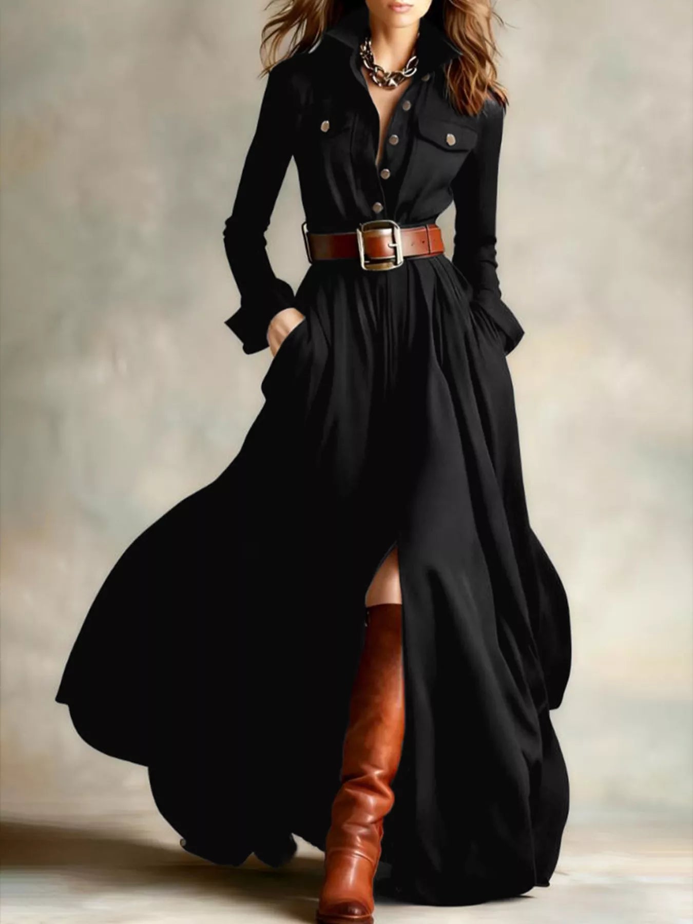 Button Front Maxi Dress - Long Sleeve Bohemian Style