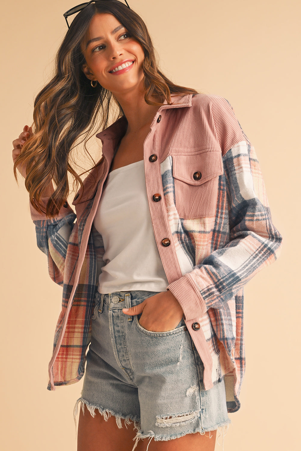 Cinnamon Plaid Corduroy Shacket with Patchwork Pockets for Effortless Style