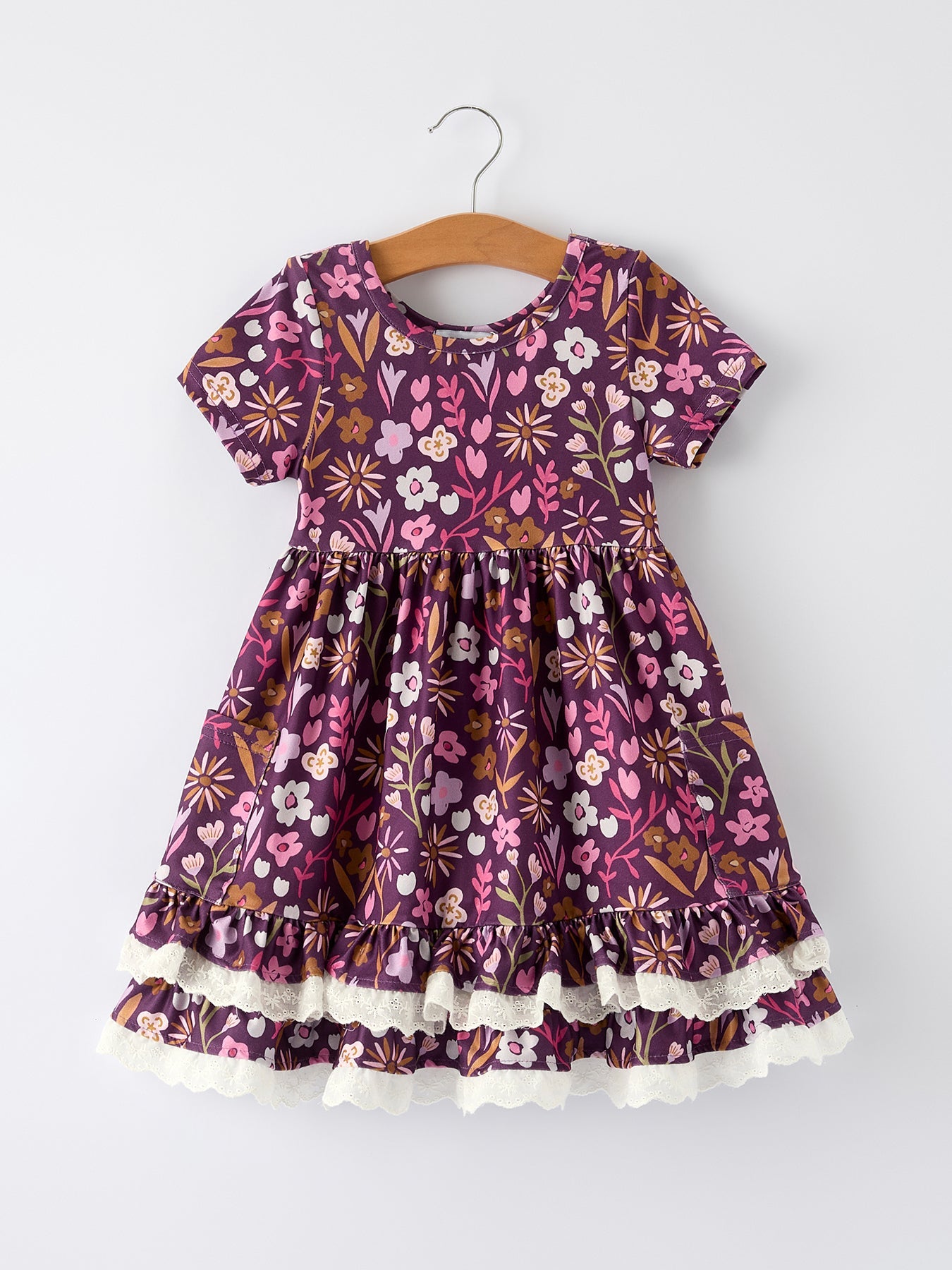 Retro Floral Print Short Sleeve Girls Dress with Pockets