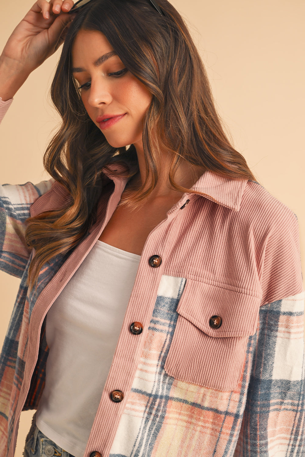 Cinnamon Plaid Corduroy Shacket with Patchwork Pockets for Effortless Style