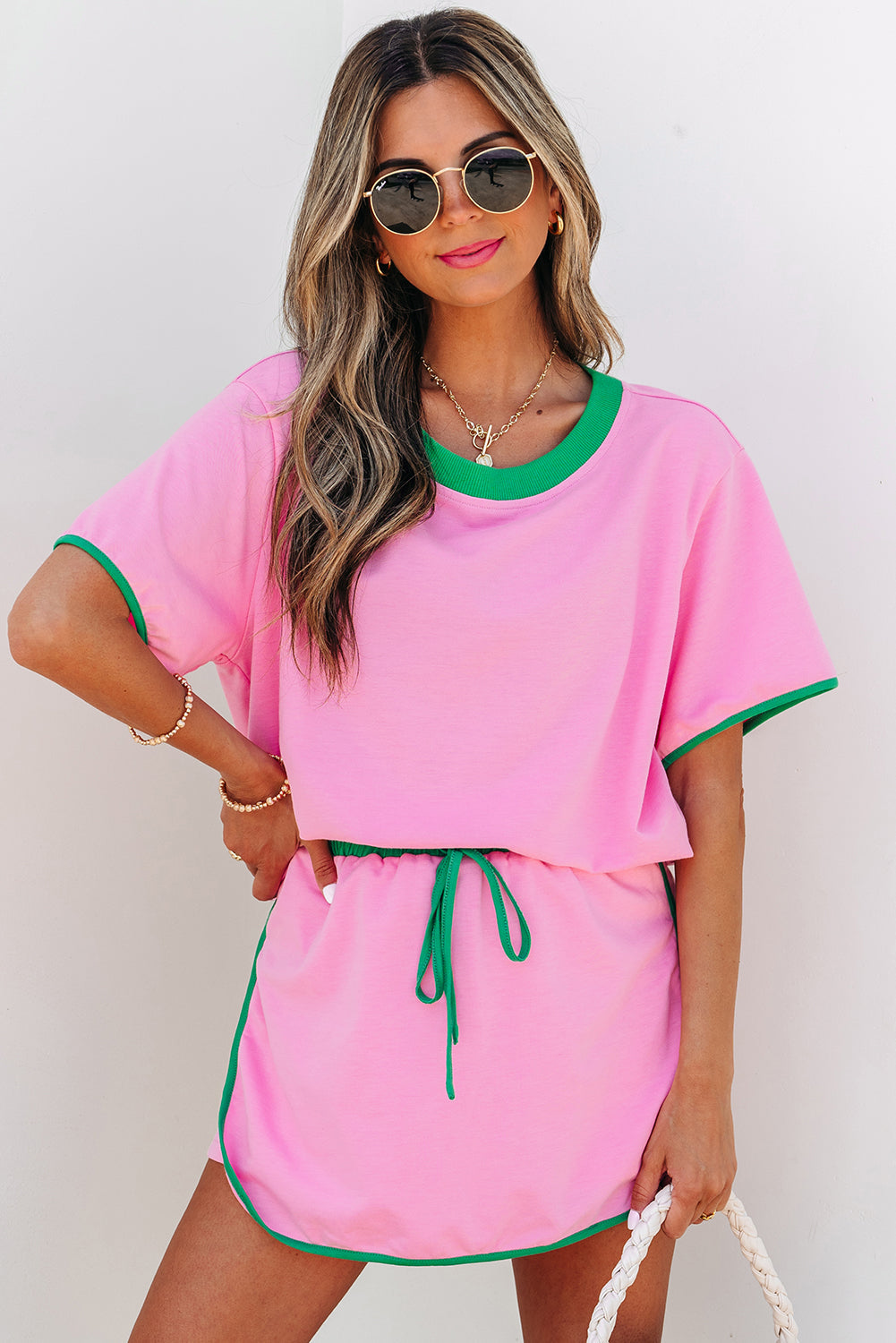 Luxury Colorblock Edge Drop Shoulder T Shirt and Skort 2Pcs Set