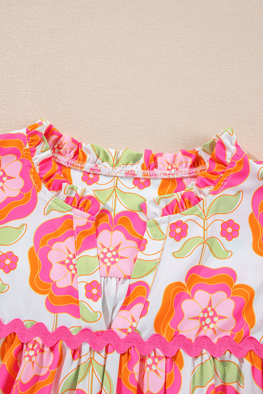 Floral Ricrac Trim Ruffle Sleeve Blouse