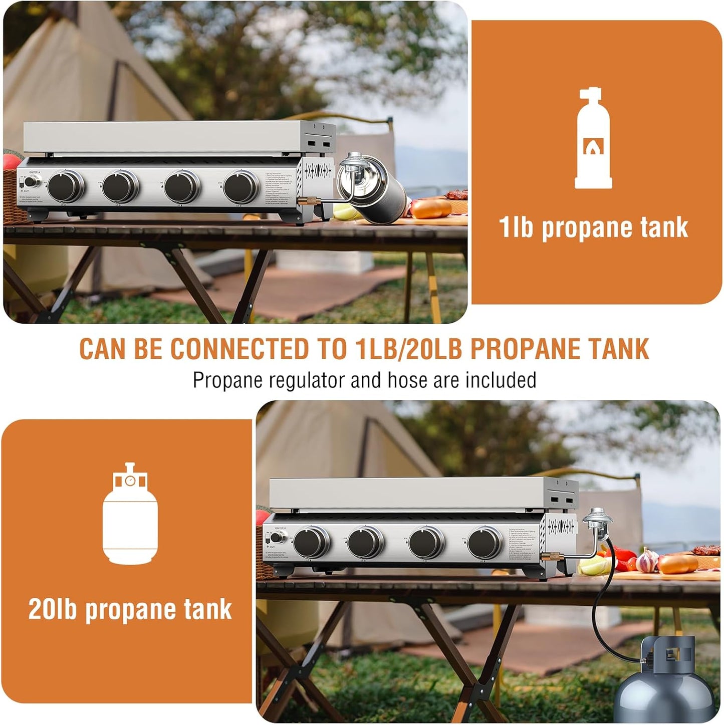 3 Burners Portable Propane Griddle,25 inch Stainless Steel Gas Grill,24,000 BTU Table Top Grill TG0130C