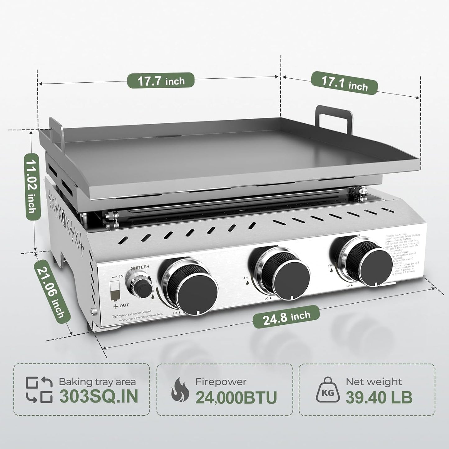 3 Burners Portable Propane Griddle,25 inch Stainless Steel Gas Grill,24,000 BTU Table Top Grill TG0130C