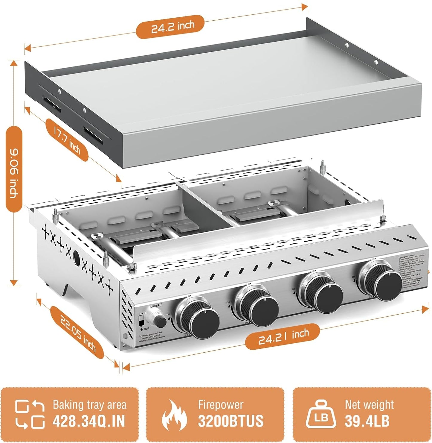 3 Burners Portable Propane Griddle,25 inch Stainless Steel Gas Grill,24,000 BTU Table Top Grill TG0130C