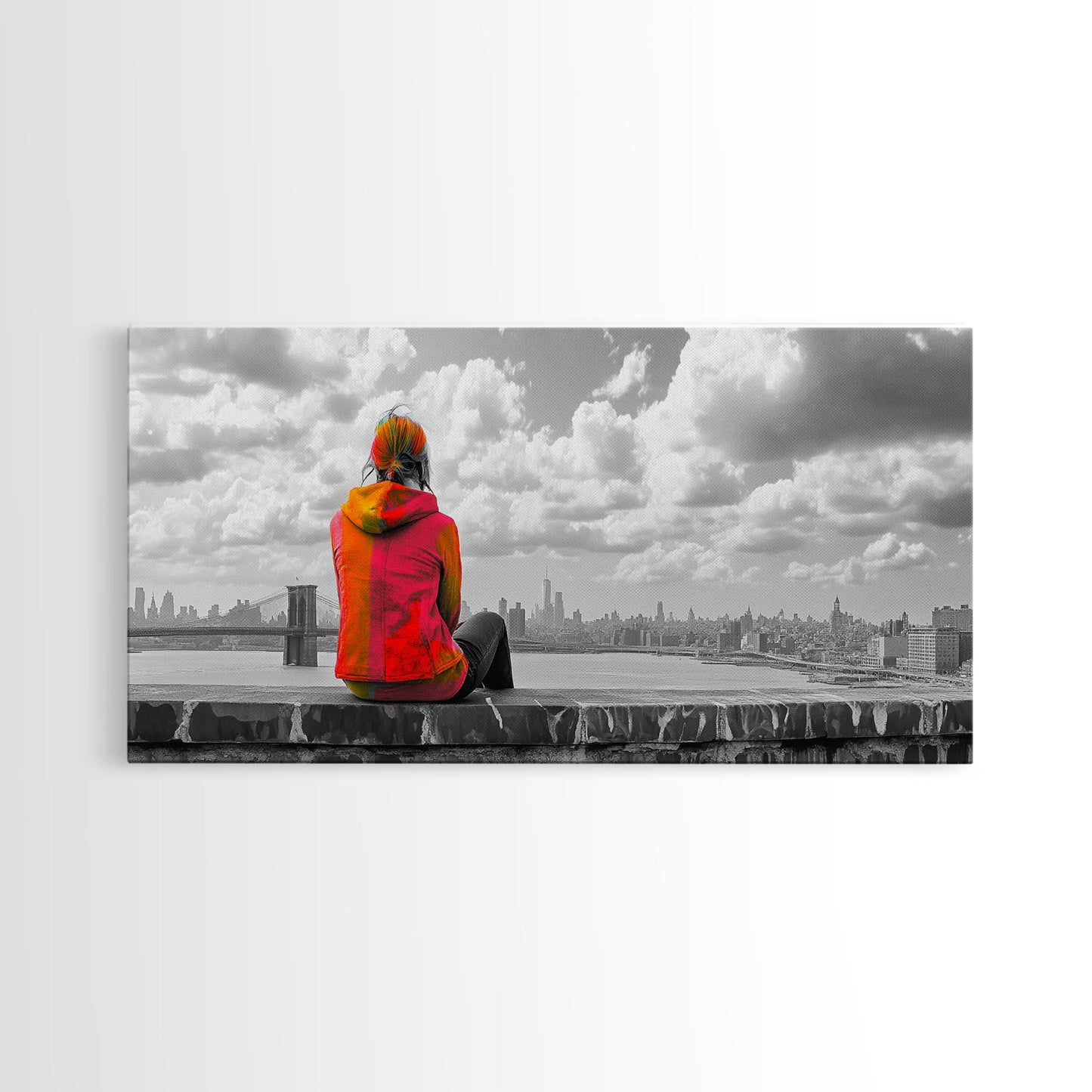 Rooftop View, Urban Woman, Brooklyn Bridge, Reflective Mood, Framed Canvas Print, Modern City Wall Art, Inspirational Office Decor