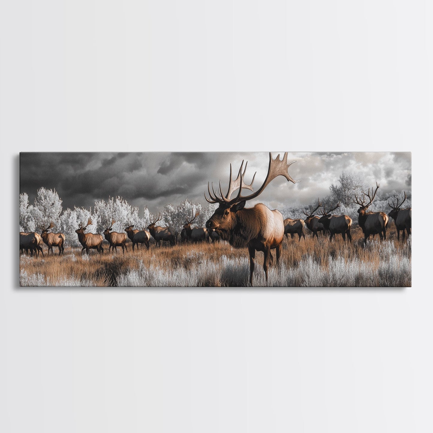 Elk Herd, Majestic Wildlife, Autumn Landscape, Framed Canvas Print, lodge decor, rustic mountain wall art, moody nature canvas
