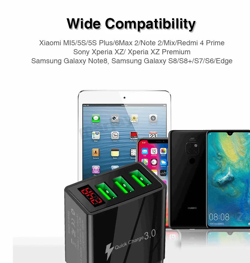 3 port LED Display Wall Charger and 3 in 1 Cable Bundle Red
