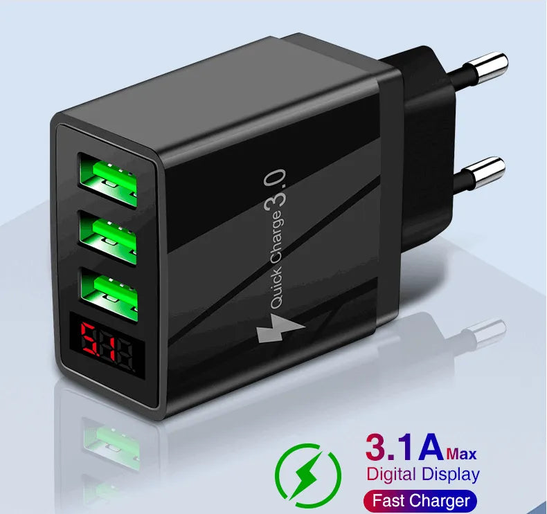 3 port LED Display Wall Charger and 3 in 1 Cable Bundle Red