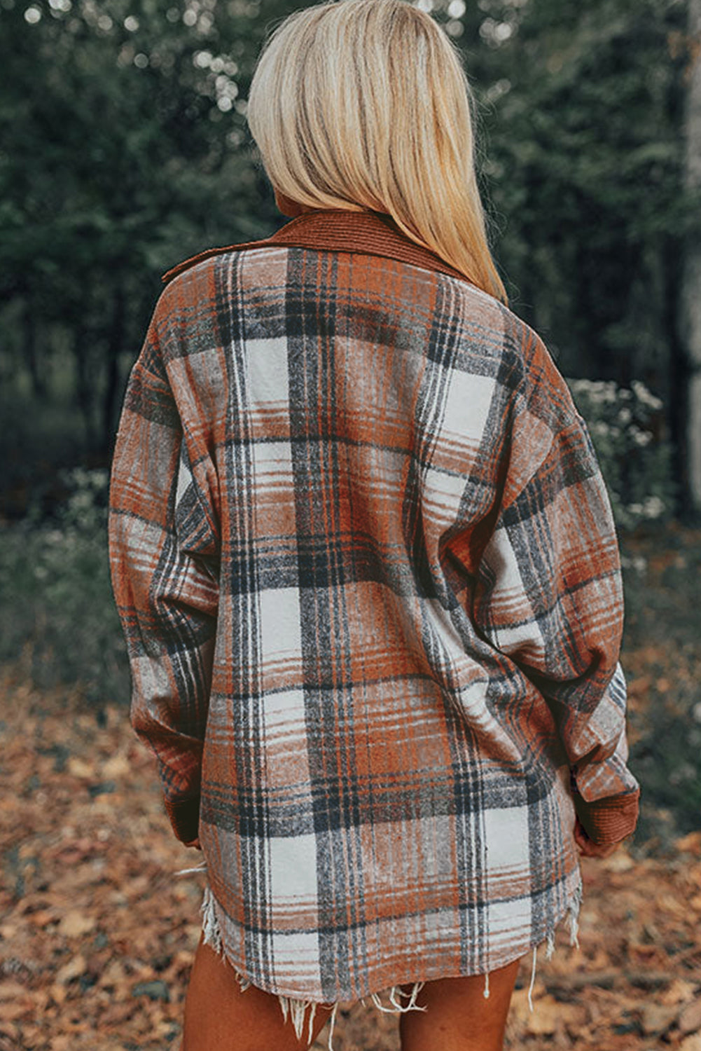 Cinnamon Plaid Corduroy Shacket with Patchwork Pockets for Effortless Style