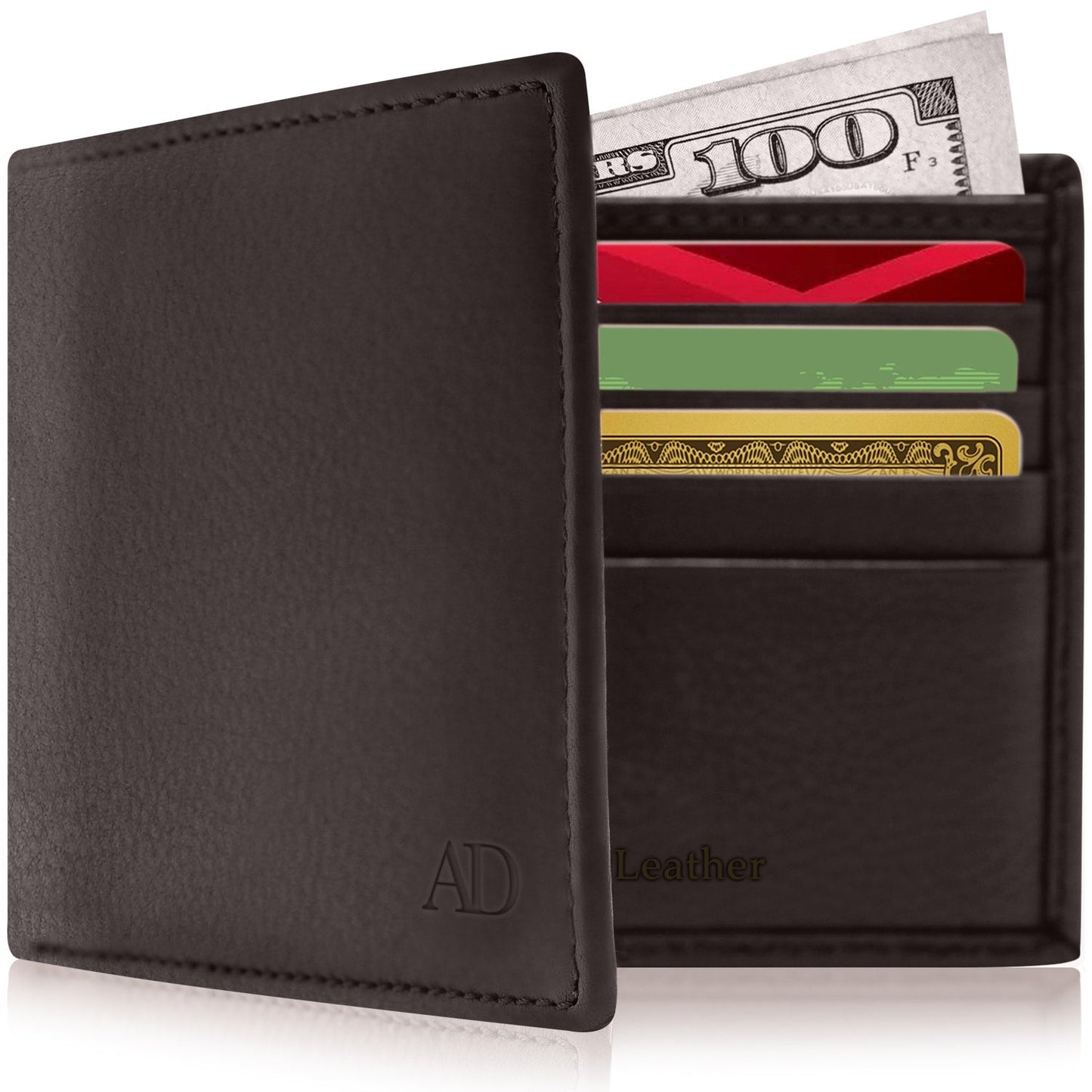 Genuine Leather Slim Bifold Wallet – ID Window, RFID Blocking