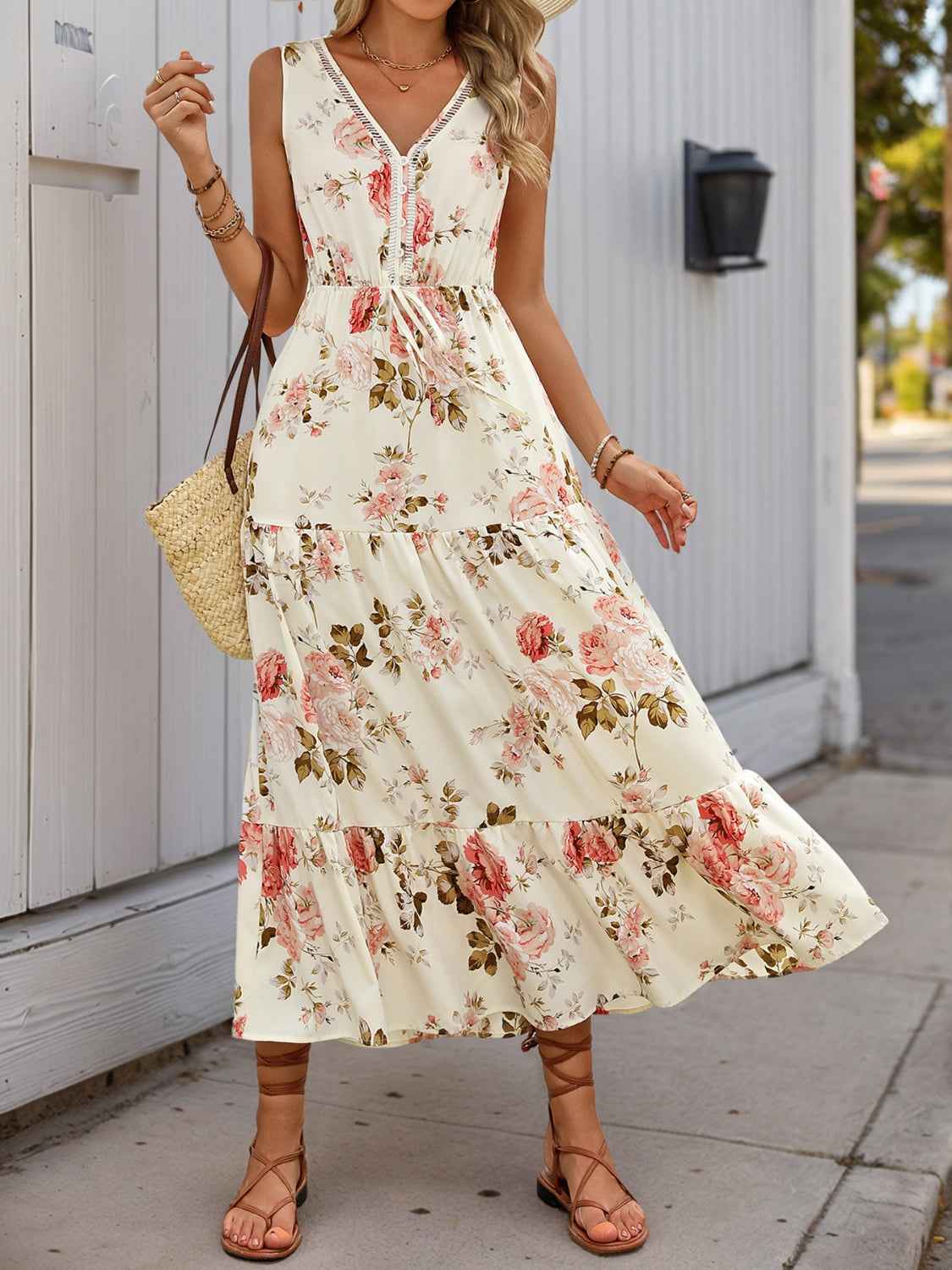 Printed Ruffled Hem V-Neck Dress
