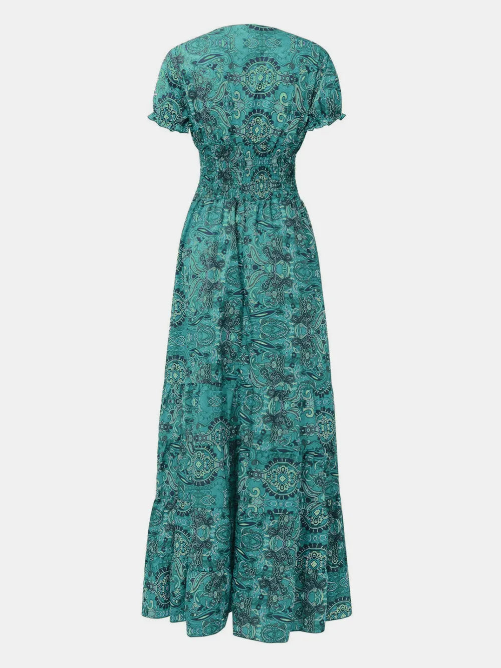Full Size Smocked Printed V-Neck Dress for Effortless Style