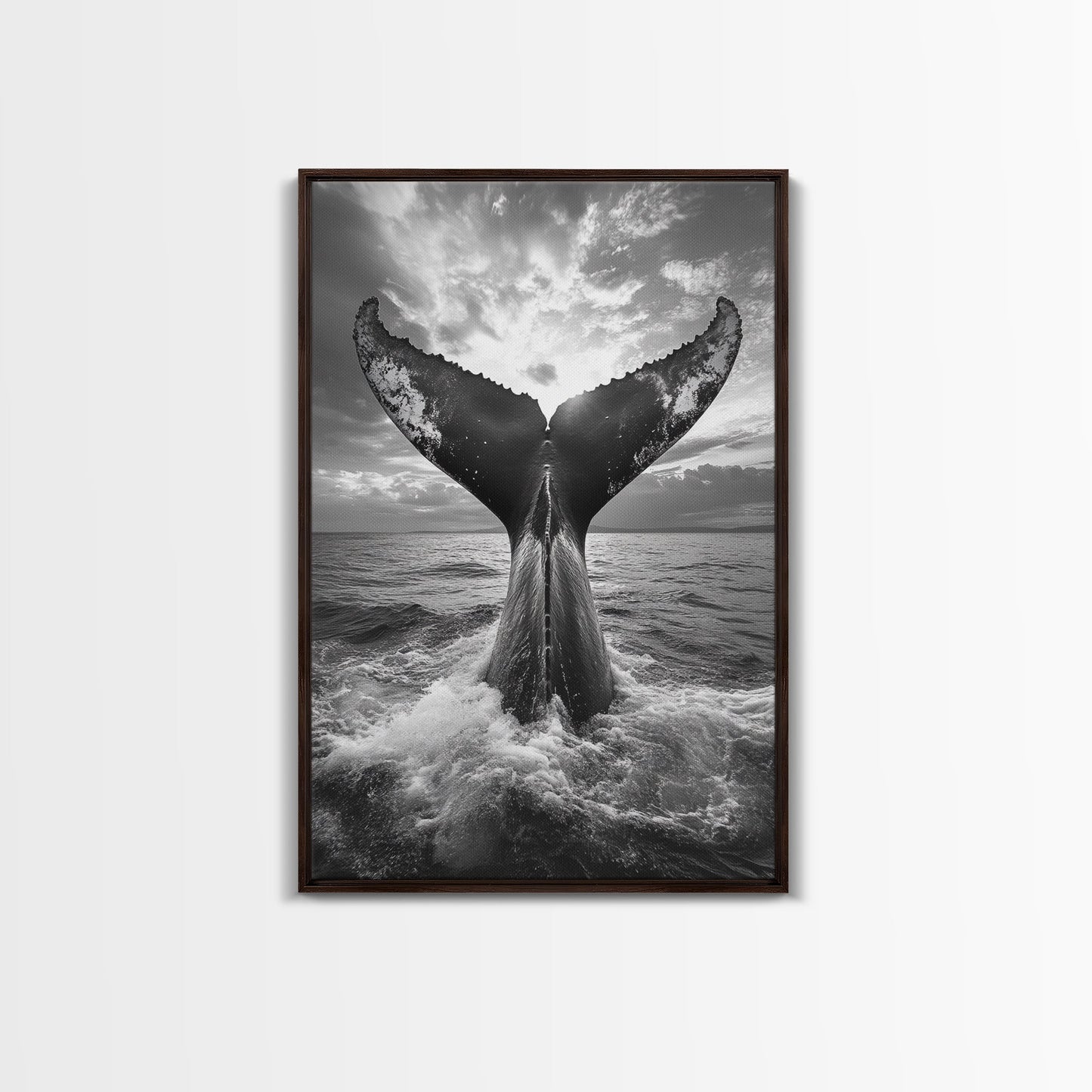 Whale Tail Splash, Ocean Sunset, Marine Majesty, Powerful Moment, Framed Canvas Print, Nautical Art, Coastal Living Room Decor