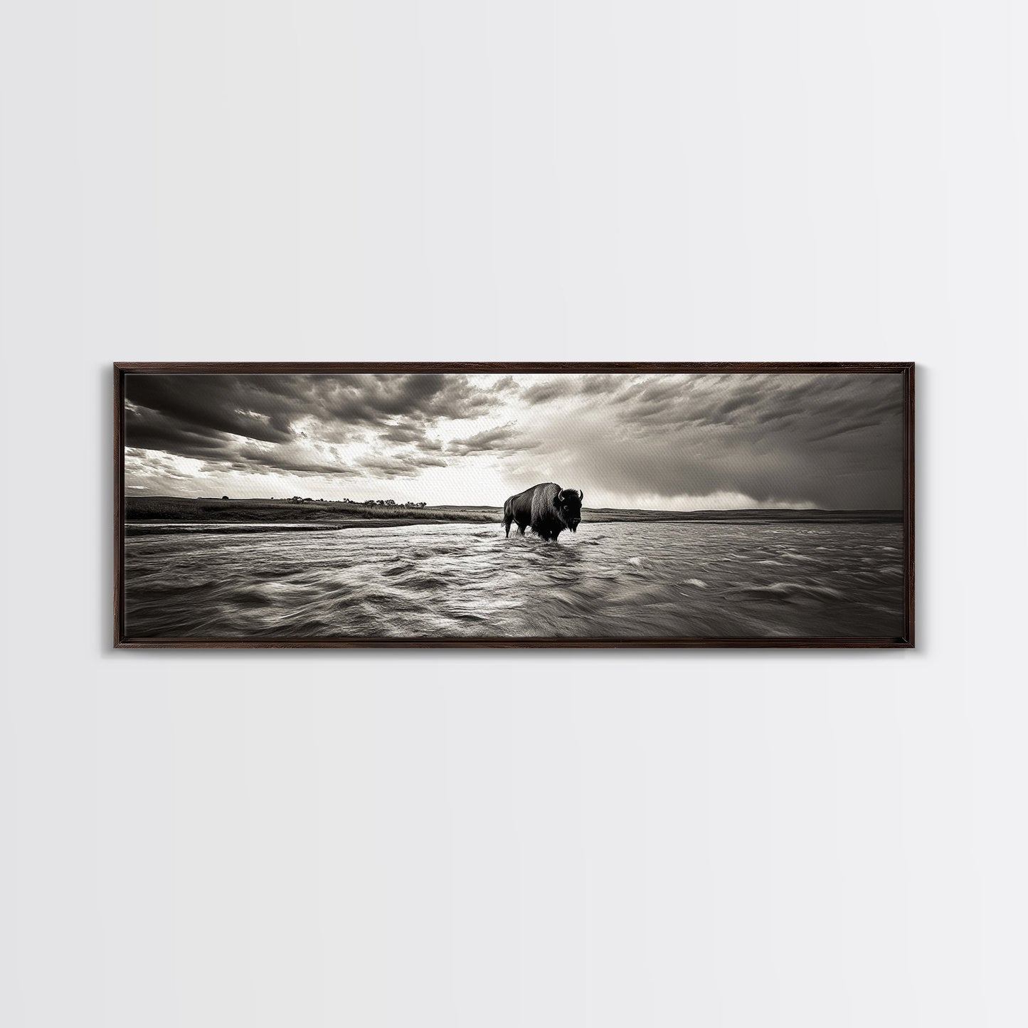 Bison River, Prairie Storm, American West, Framed Canvas Print, Rustic Nature Art, Fall Living Room Decor, Wildlife Photography