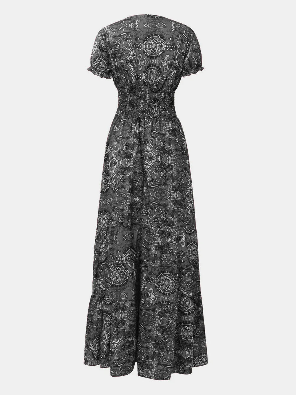 Full Size Smocked Printed V-Neck Dress for Effortless Style