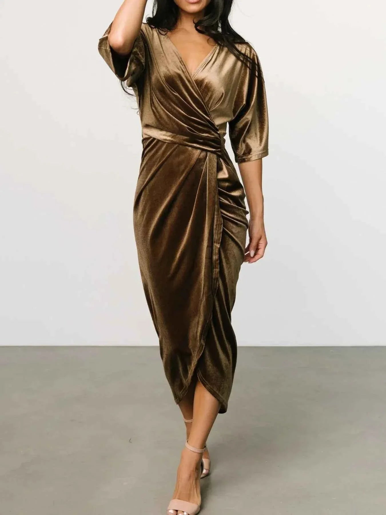 Ruched Surplice Half Sleeve Dress, Holiday Dress