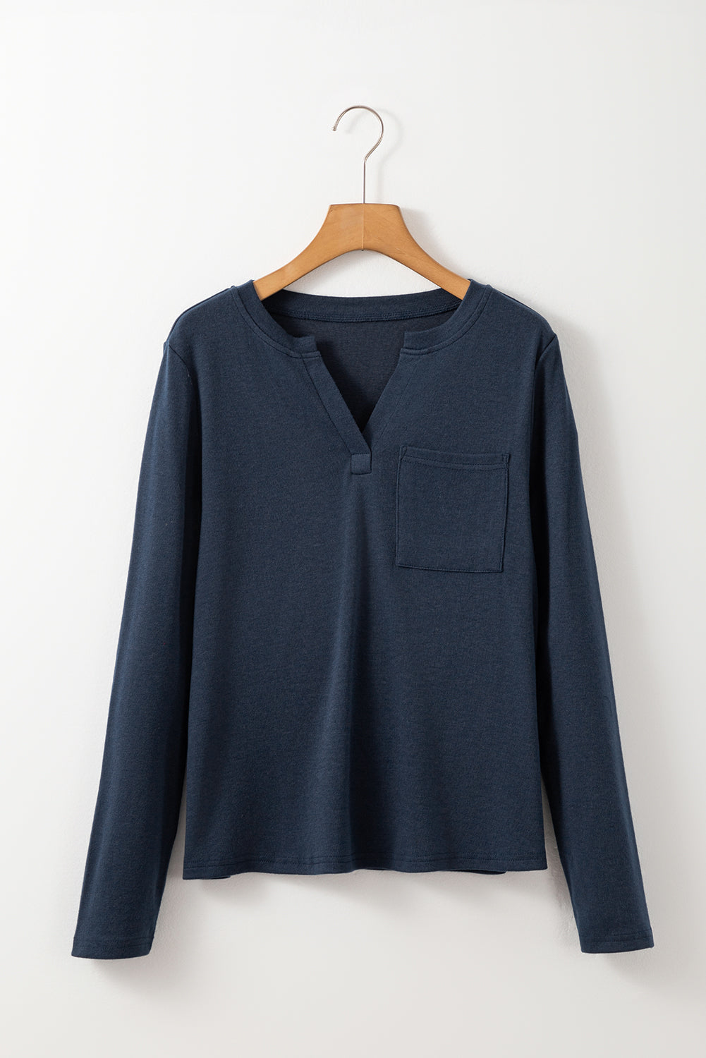 Dirty Blue Notch V Neck Pocket Patched Long Sleeve Women's T-Shirt