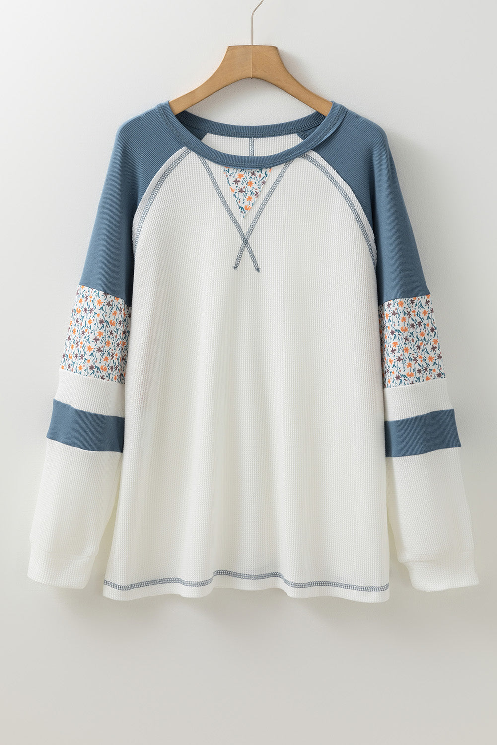 White Floral Patchwork Waffle Knit Raglan Women's Top