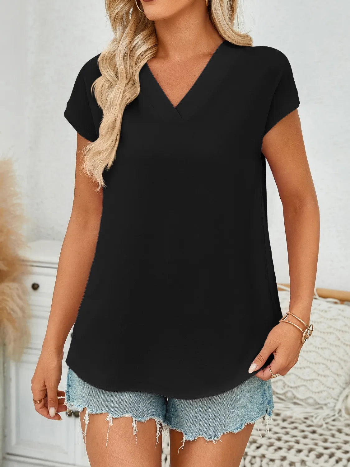V-Neck Women's Blouse - Classic Polyester Top