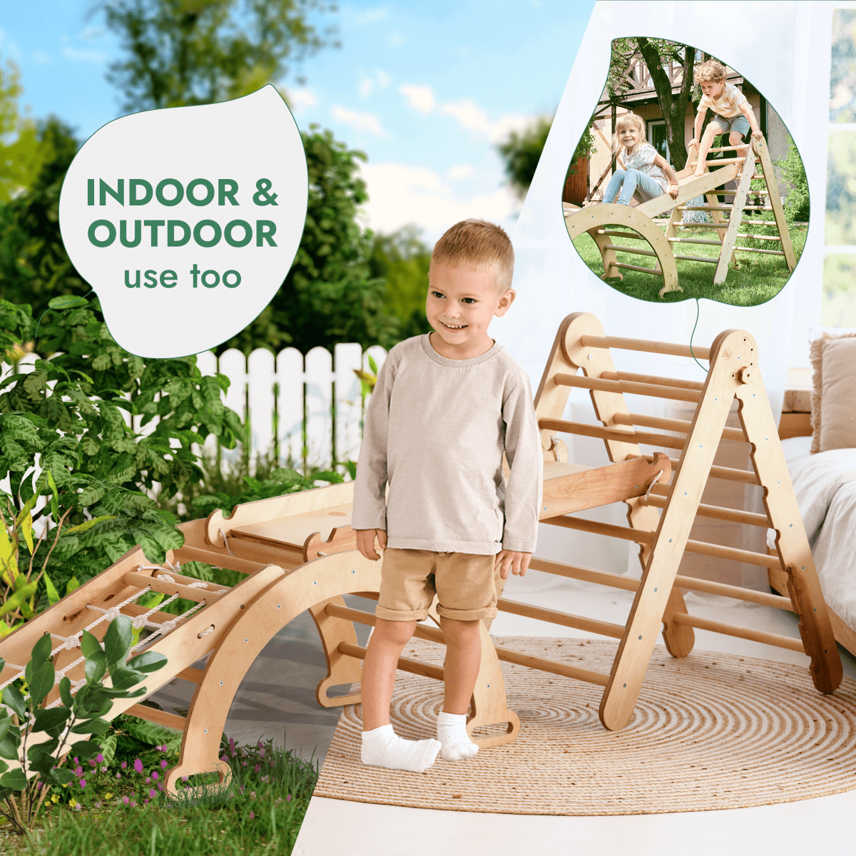 4in1 Montessori Climbing Set: Triangle Ladder + Climbing Arch + Slide Board + Net – Beige