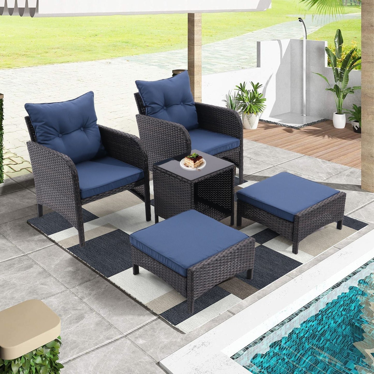5 Piece Outdoor Patio Furniture Set,All Weather PE Rattan Conversation Chairs with Armrest and Removable Cushions,Ottomans and Storage Coffee Table for Poolside Garden Balcony Deck