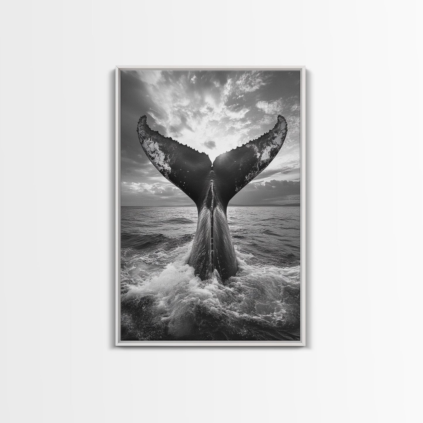 Whale Tail Splash, Ocean Sunset, Marine Majesty, Powerful Moment, Framed Canvas Print, Nautical Art, Coastal Living Room Decor