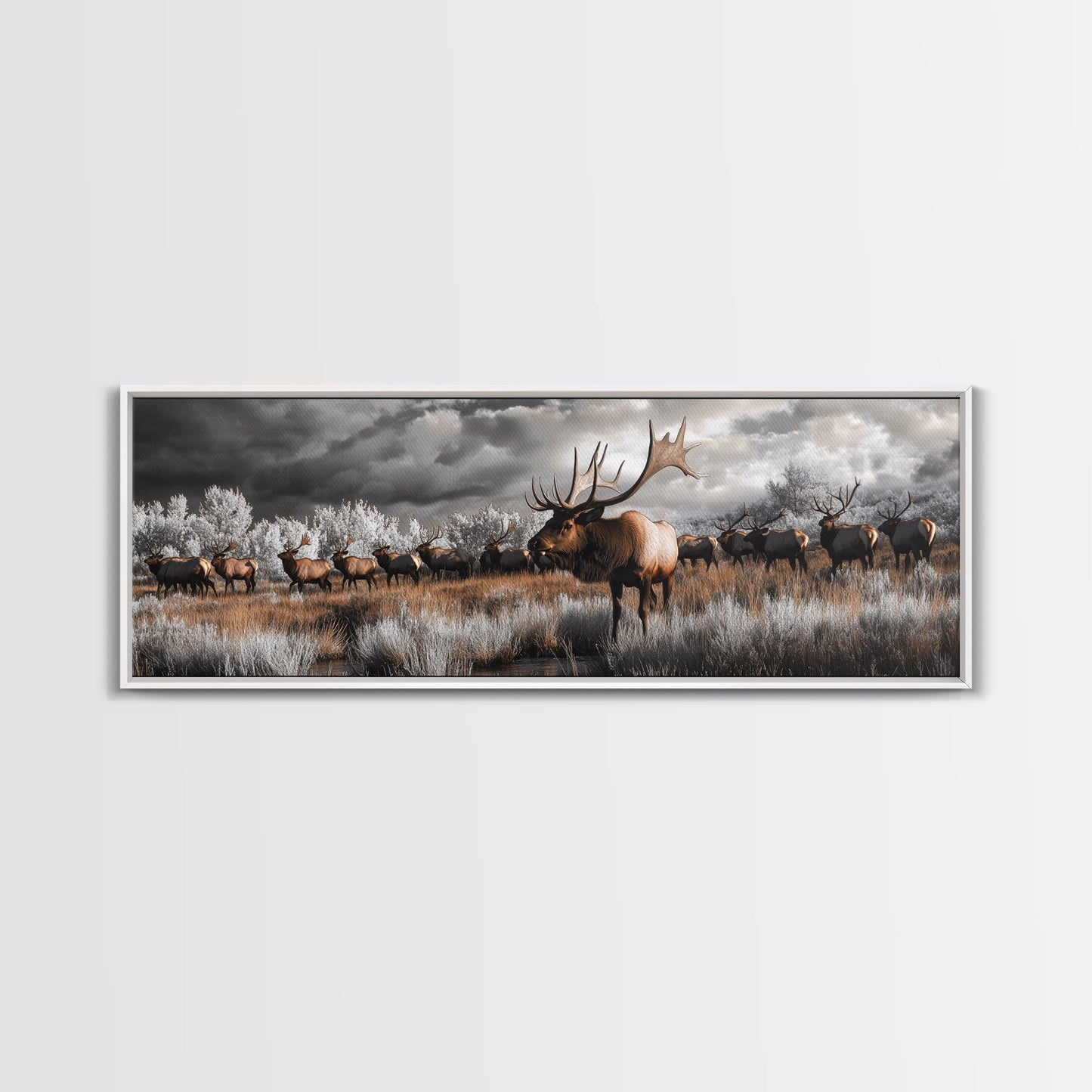 Elk Herd, Majestic Wildlife, Autumn Landscape, Framed Canvas Print, lodge decor, rustic mountain wall art, moody nature canvas