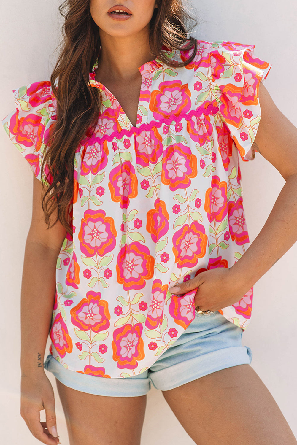 Floral Ricrac Trim Ruffle Sleeve Blouse