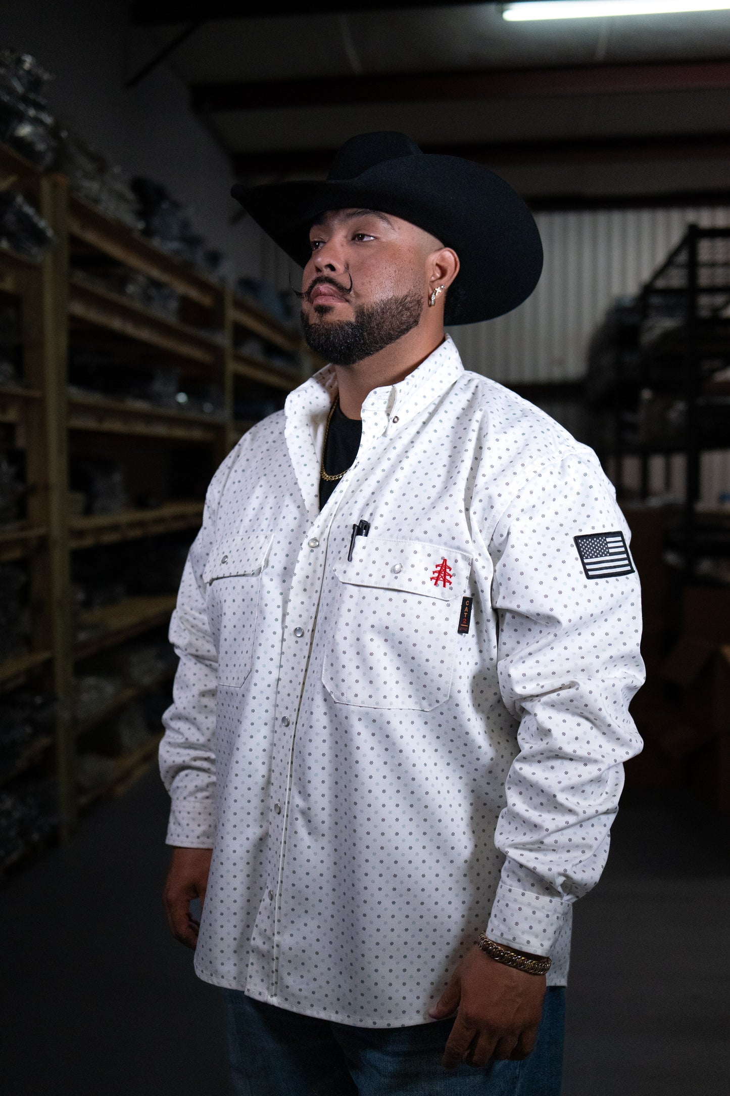 FR Pearl Snap Work Shirt - Phantom White - With U.S Flag
