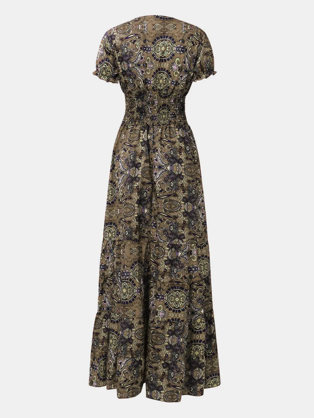 Full Size Smocked Printed V-Neck Dress for Effortless Style
