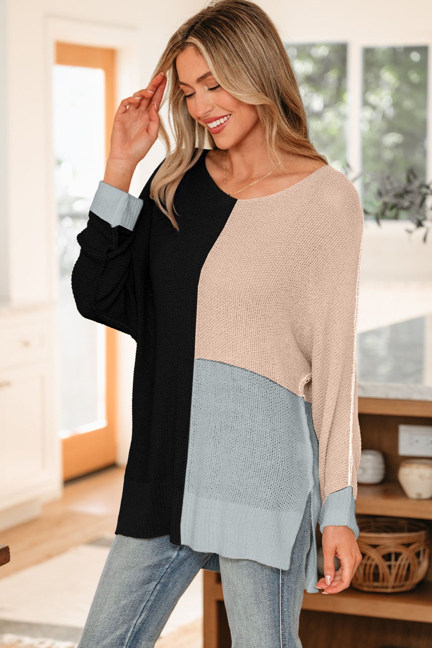 Color Block Knit V-Neck Loose Sweater