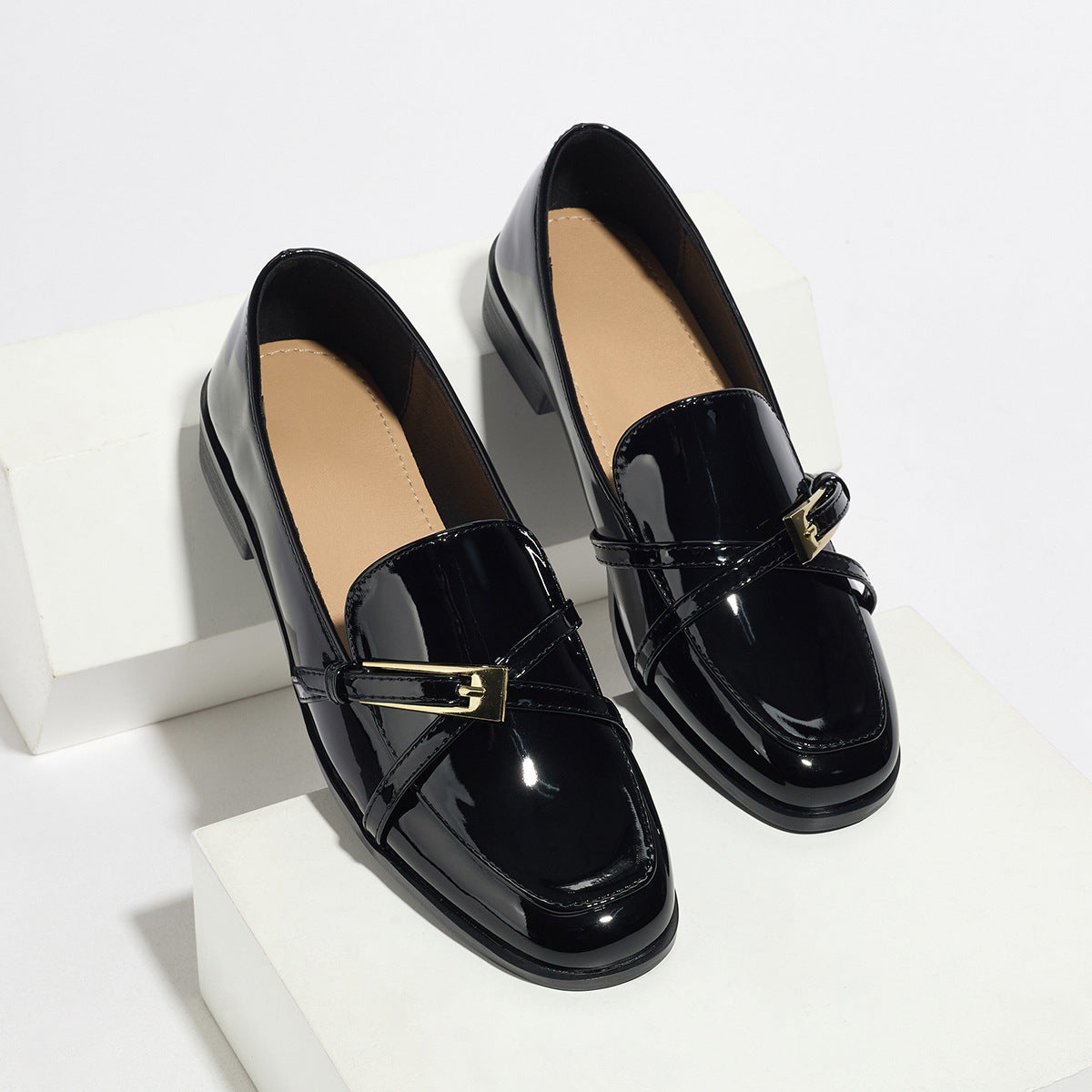 Women’s Patent Leather Square Toe Loafers | Low Heel Slip-On Flats