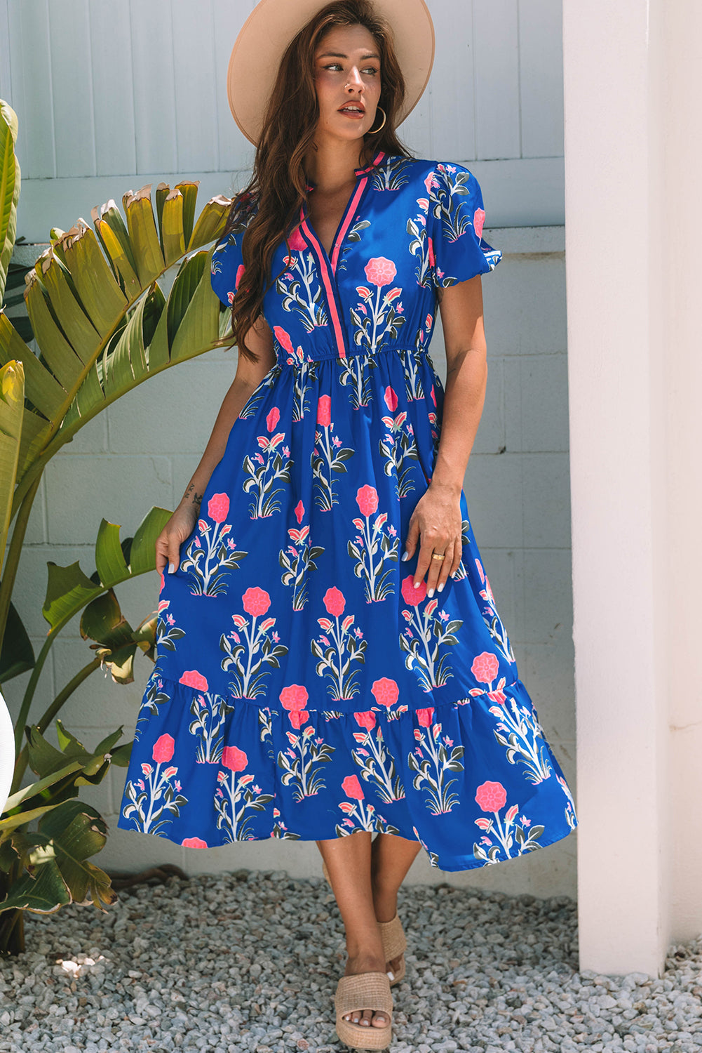 Luxury Floral Puff Short Sleeve V Neck High Waist Maxi Dress