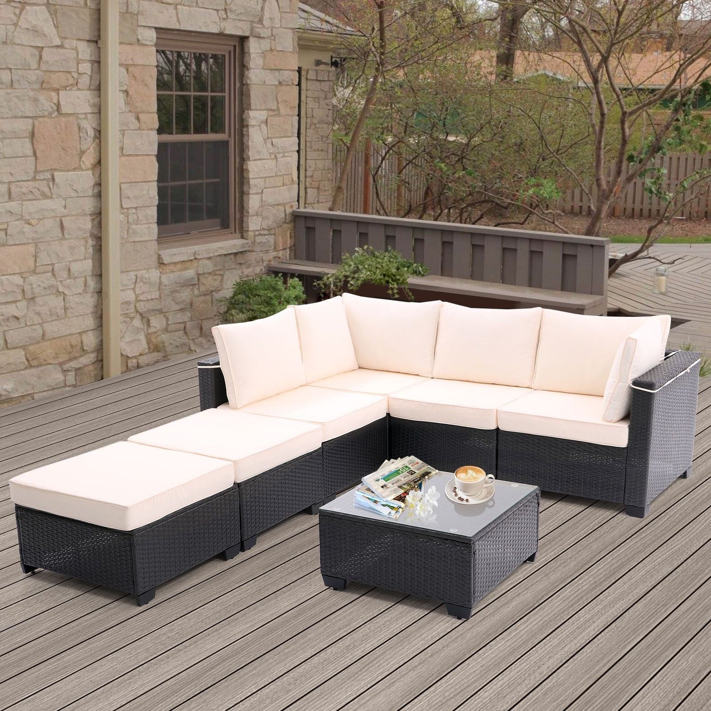7 Pieces Outdoor Patio Furniture Set,Sectional Conversation Sofa Of Corner Chairs,Ottomans And Glass Top Table,All Weather PE Rattan and Steel Frame With Removable Cushions