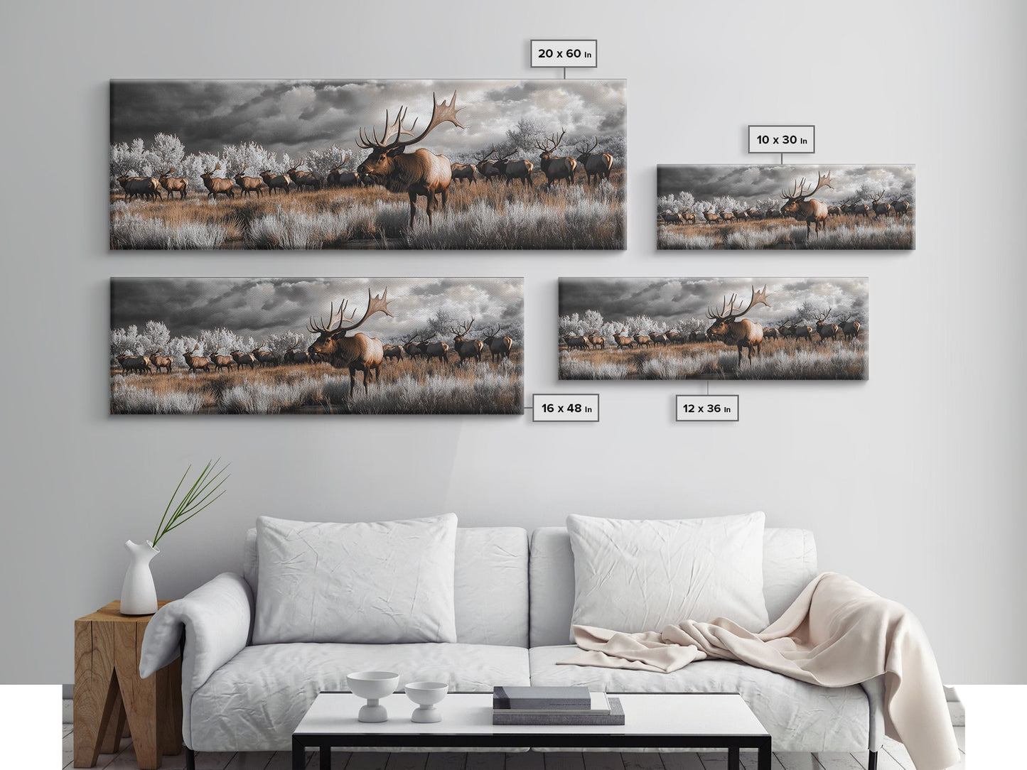 Elk Herd, Majestic Wildlife, Autumn Landscape, Framed Canvas Print, lodge decor, rustic mountain wall art, moody nature canvas