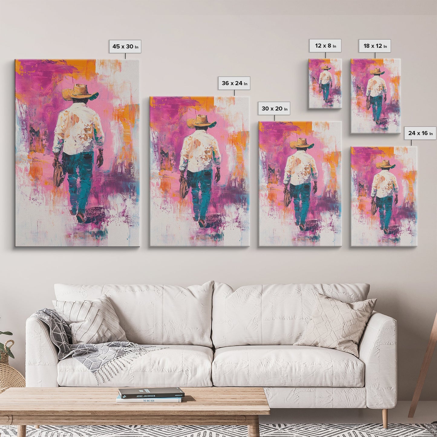 Cowboy Walking, chicano art, western aesthetic, rustic wall art, farmhouse art, moody art, bold colors, Framed Canvas Print