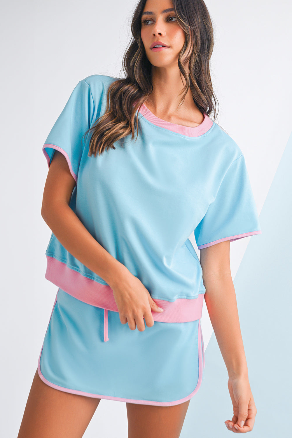 Luxury Colorblock Edge Drop Shoulder T Shirt and Skort Set