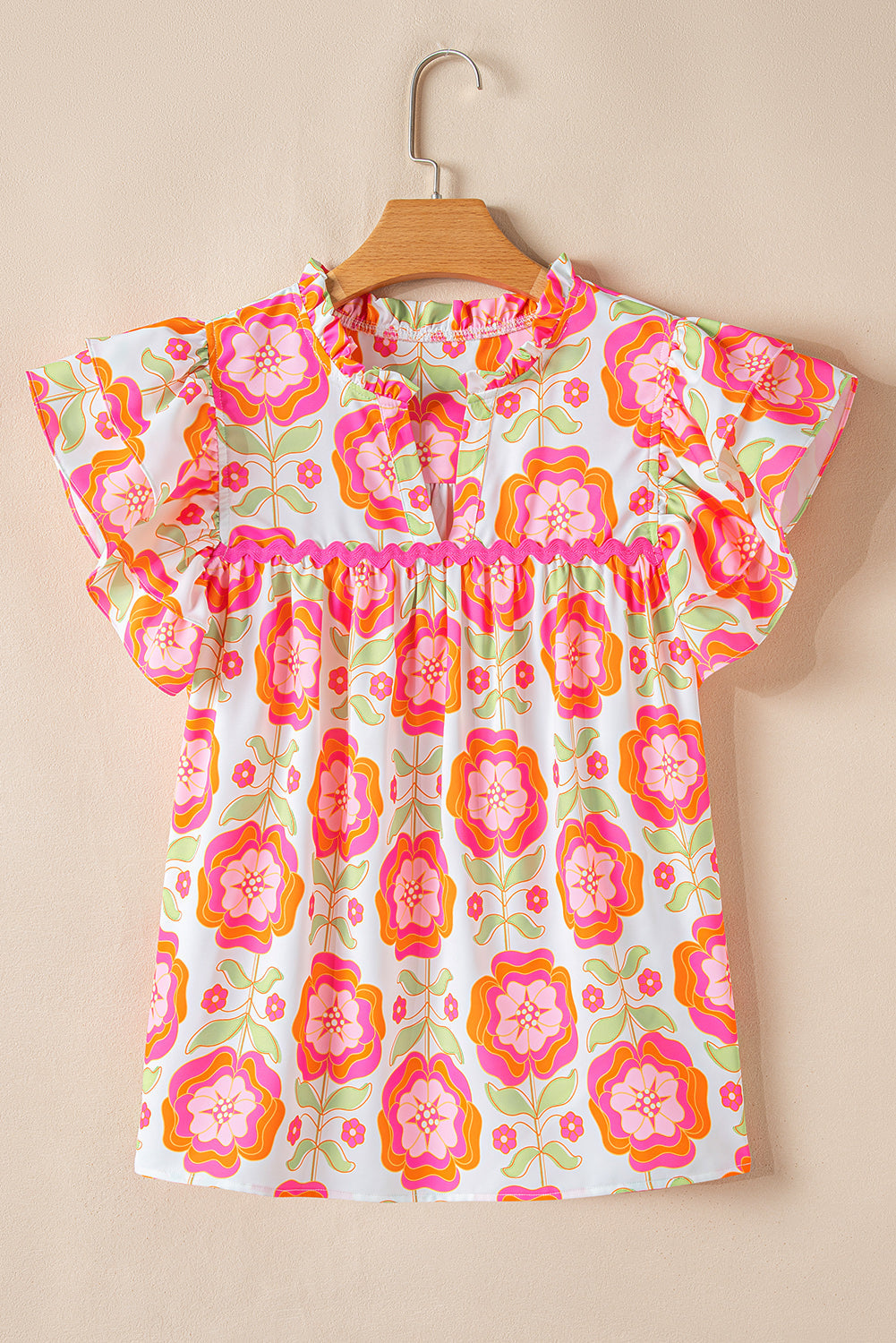 Floral Ricrac Trim Ruffle Sleeve Blouse