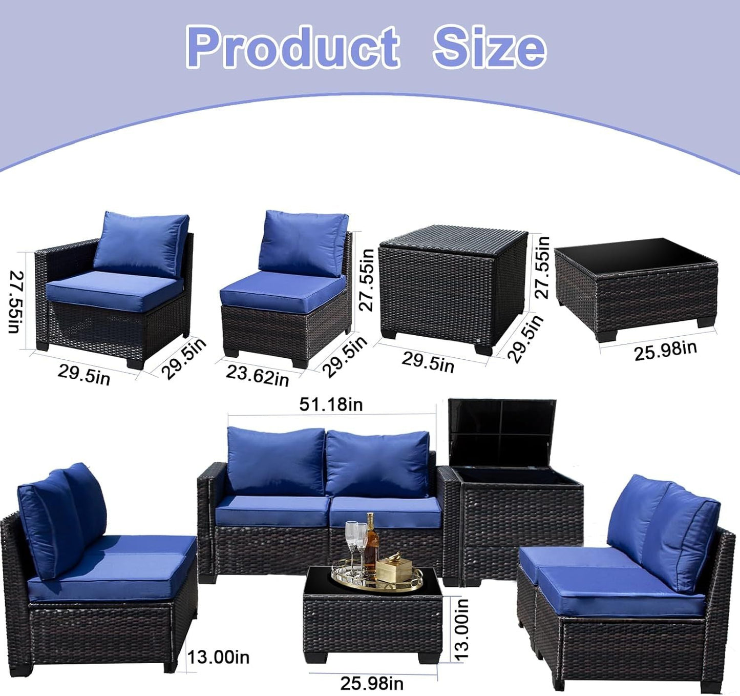 8-piece patio furniture set, all-weather outdoor wicker combination conversation sofa, rattan patio sofa with cushion and glass coffee table, with storage