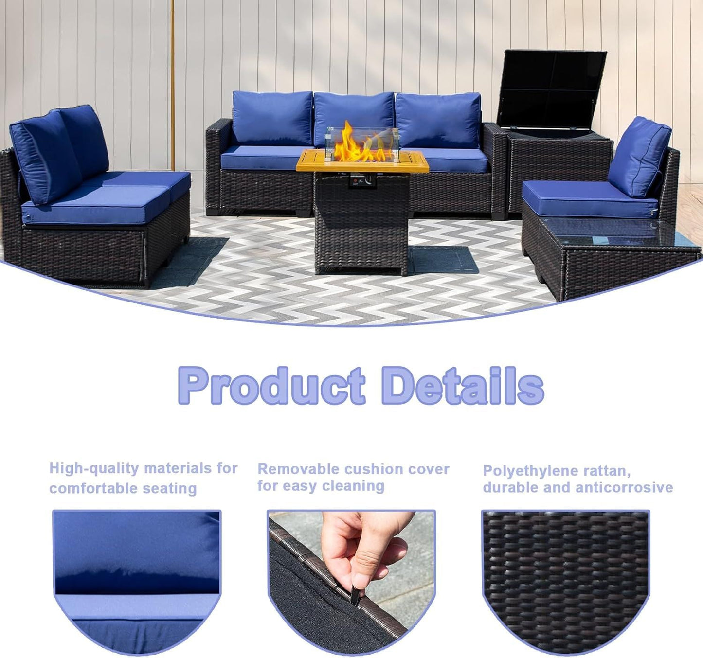 8-piece patio furniture set, all-weather outdoor wicker combination conversation sofa, rattan patio sofa with cushion and glass coffee table, with storage